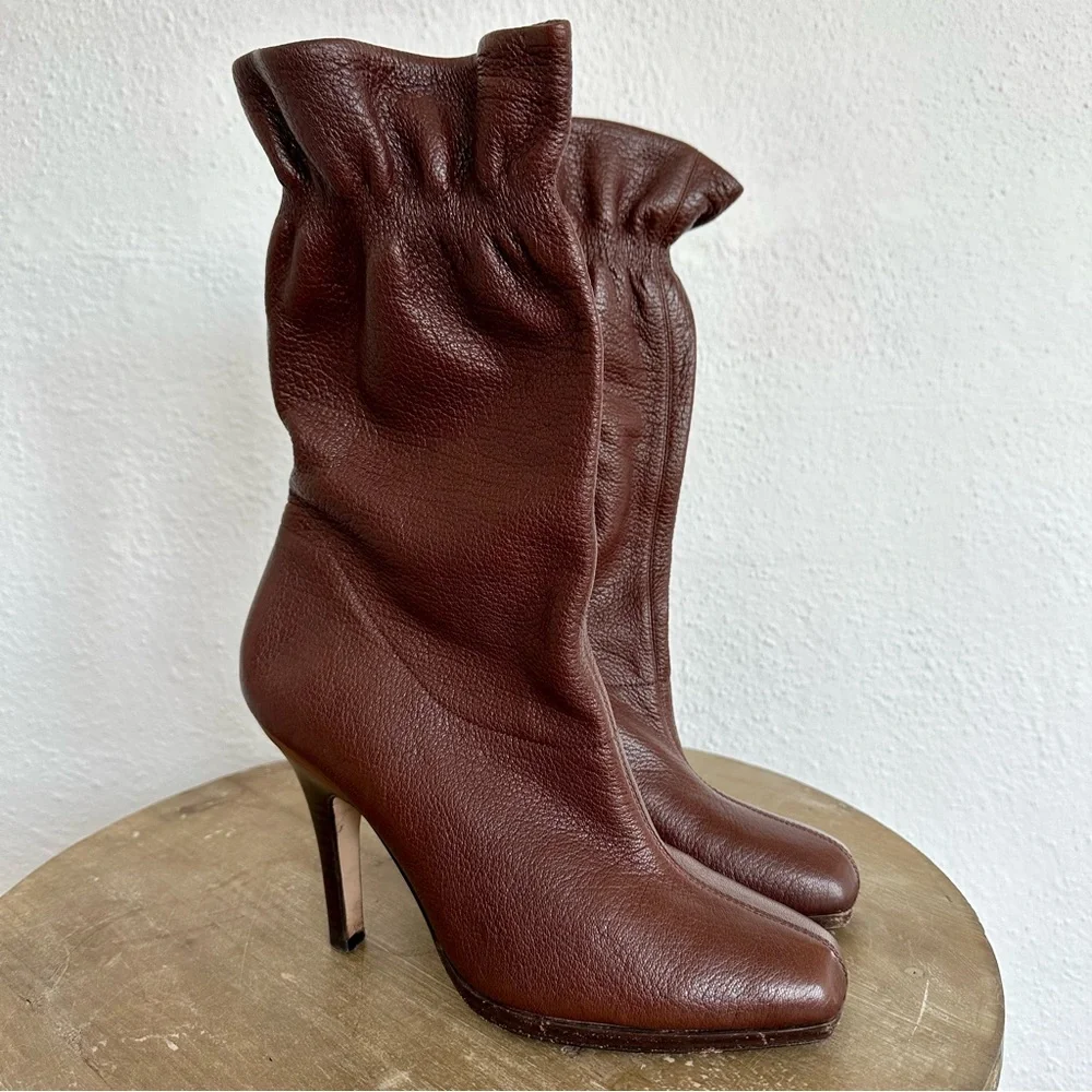 Cole Haan Nike Air GALI Brown Leather Boots Mid Calf Ruffle Top Size 8 - Picture 4 of 14